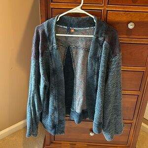 Pilcro women’s open front cardigan sweater, blue and garnet, large, bell sleeves